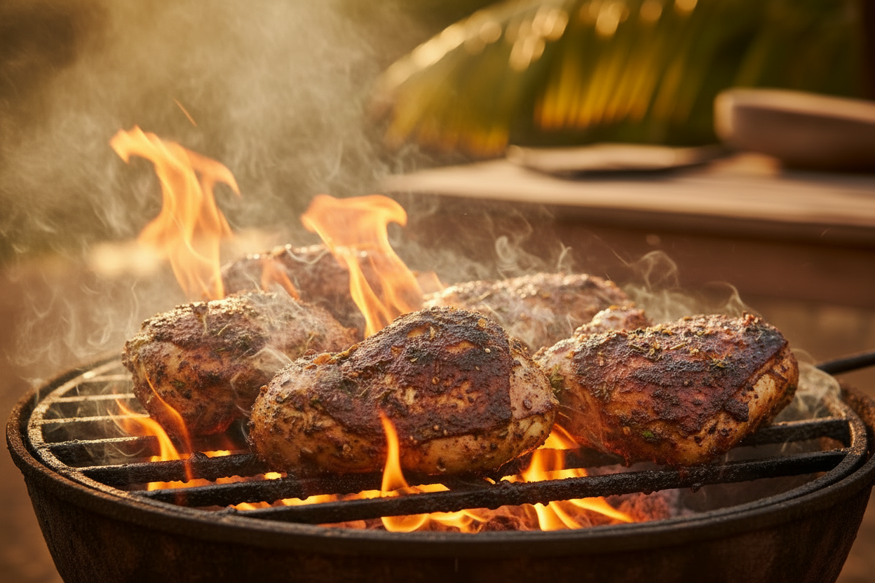 Jerk seasoned chicken on a charcoal grill with smoky crust — authentic Jamaican BBQ