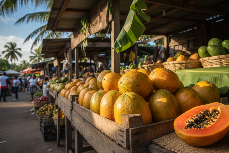 Ripe papayas at a Jamaican market stall, including one cut open to show vivid red-orange flesh and black seeds