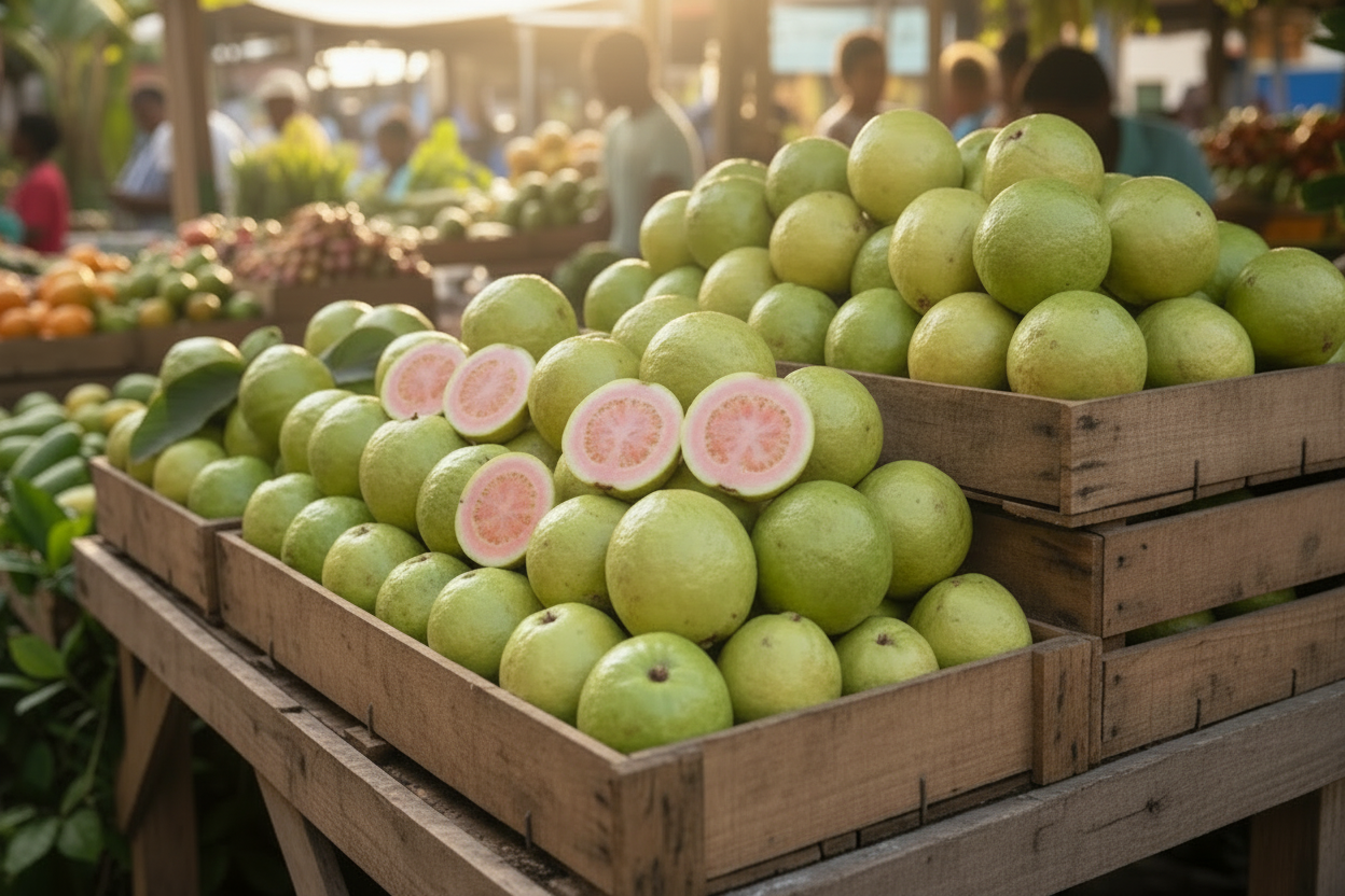Fresh guava fruits at a Jamaican market stall — Guava Scotch Bonnet Pepper Sauce collection by Smart Choice Farms