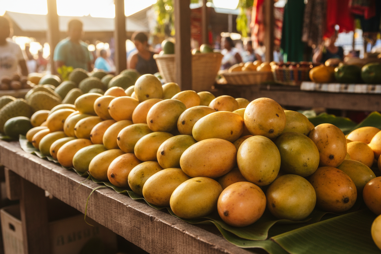 Fresh Jamaican mangoes at a Caribbean market stall — Mango Scotch Bonnet Pepper Sauce collection by Smart Choice Farms