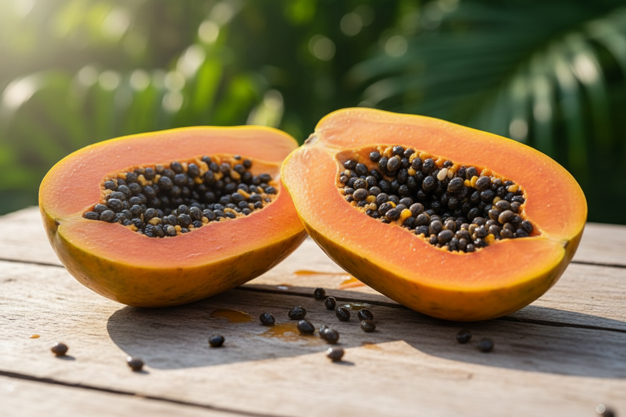 Fresh papaya fruits at a Jamaican Caribbean market stall — Papaya Scotch Bonnet Pepper Sauce collection by Smart Choice Farms