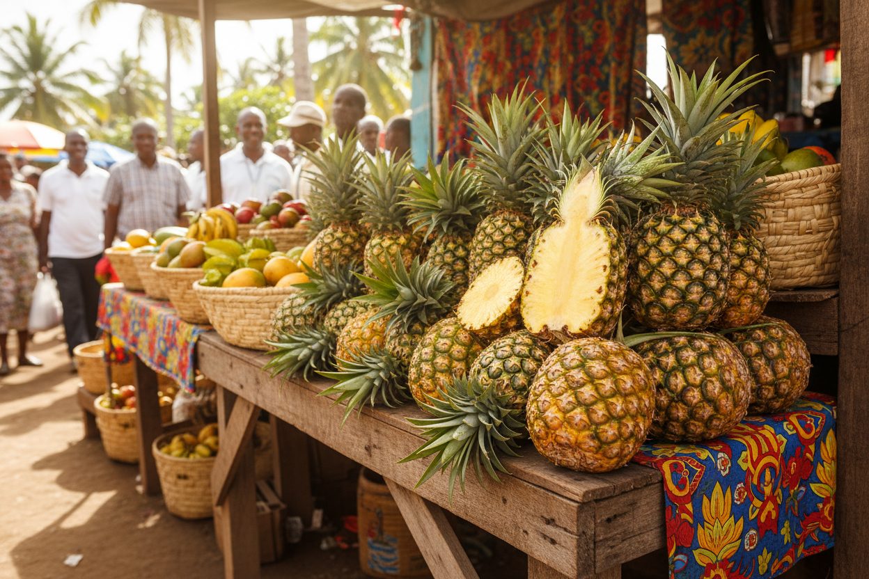 Fresh pineapples at a Jamaican Caribbean market stall — Pineapple Scotch Bonnet Pepper Sauce collection by Smart Choice Farms
