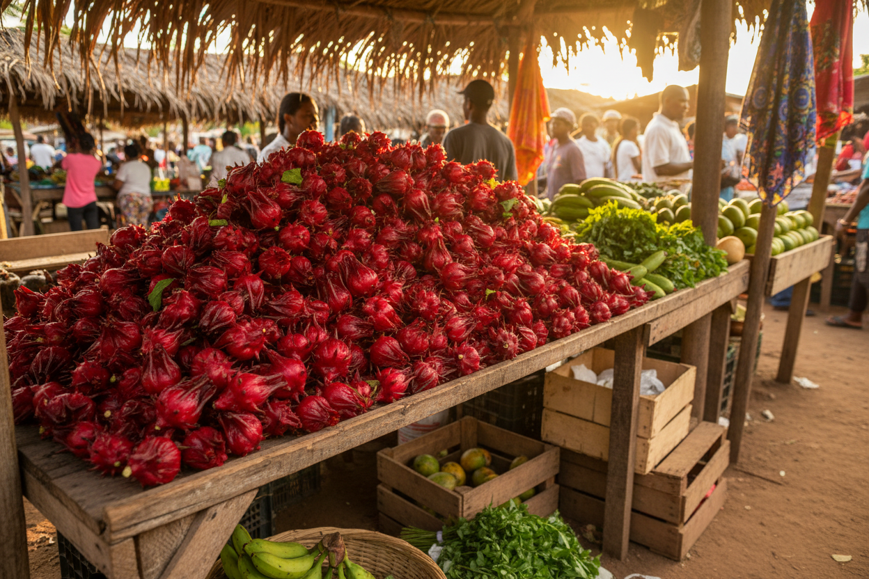 Fresh Jamaican sorrel hibiscus calyces at a Caribbean market stall — Sorrel Scotch Bonnet Pepper Sauce collection by Smart Choice Farms