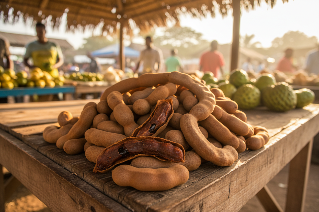 Fresh tamarind pods at a Jamaican Caribbean market stall — Tamarind Scotch Bonnet Pepper Sauce collection by Smart Choice Farms