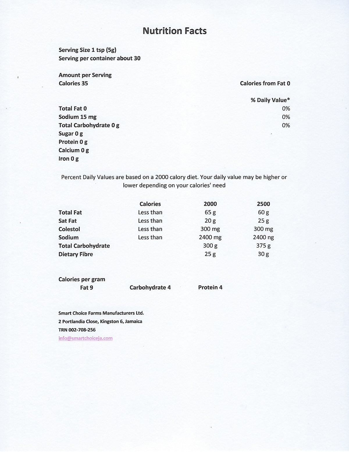 "Nutrition facts for Case of 24 Assorted Scotch Bonnet Pepper Sauce 5oz by Smart Choice Farms"