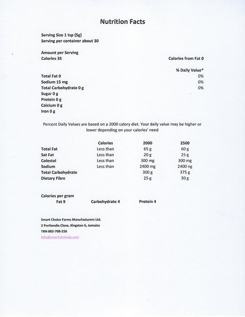 "Nutrition facts for Case of 24 Assorted Scotch Bonnet Pepper Sauce 5oz by Smart Choice Farms"