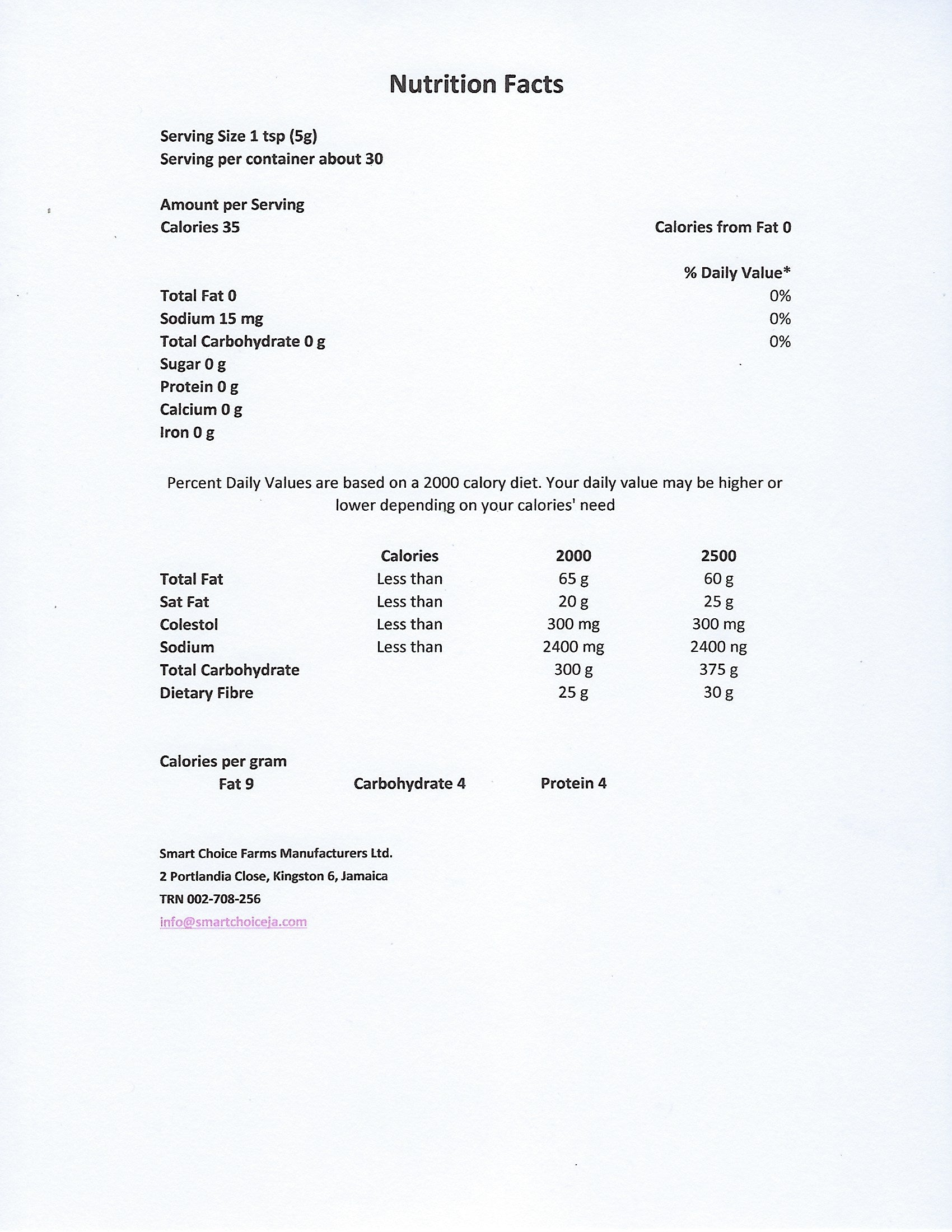 "Nutrition facts for Smart Choice Farms Pure Hot Scotch Bonnet Pepper Sauce 5oz"