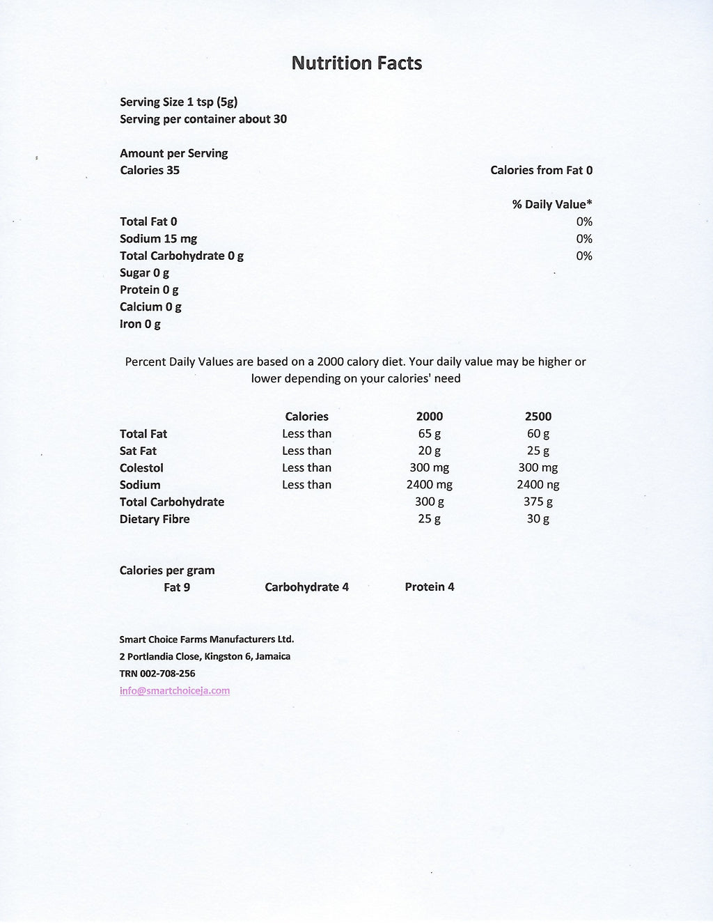 "Nutrition facts for Smart Choice Farms Mango Scotch Bonnet Pepper Sauce 5oz"