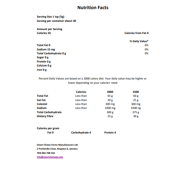 "Nutrition facts for Smart Choice Farms Family of 4 Scotch Bonnet Pepper Sauce 5oz"